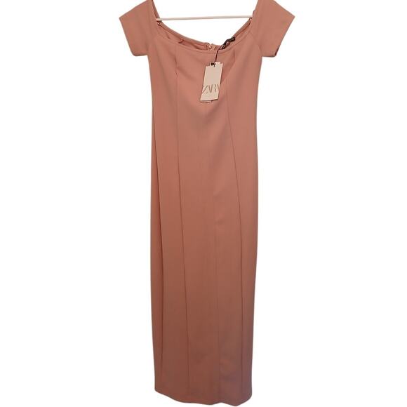 60% OFF NWT Zara Pale Pink Midi Off Shoulder Dress M MSRP $138 - Picture 5 of 8